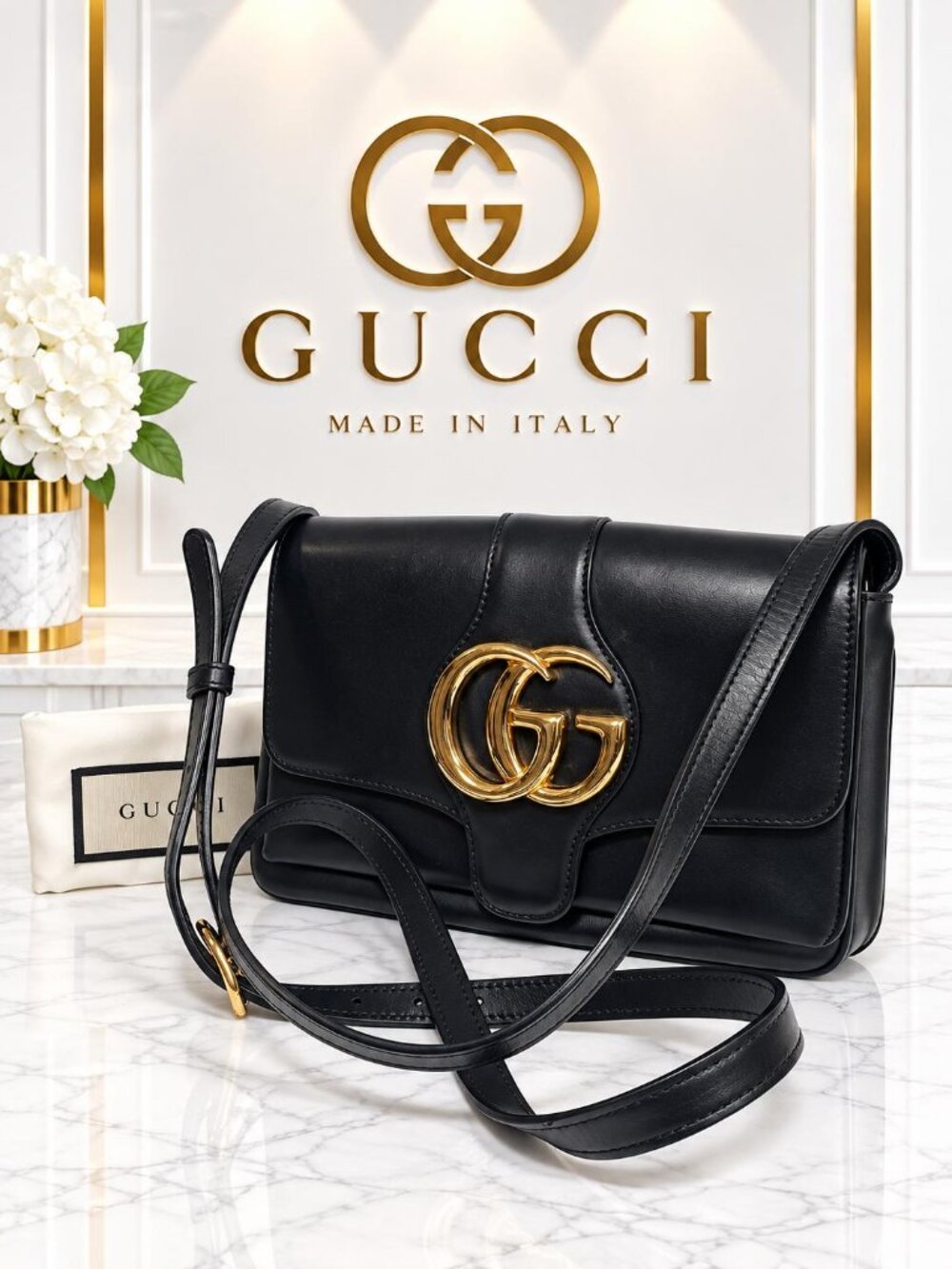 Authentic Gucci Arli GG Black Leather Crossbody Bag Gold Logo Shoulder Purse